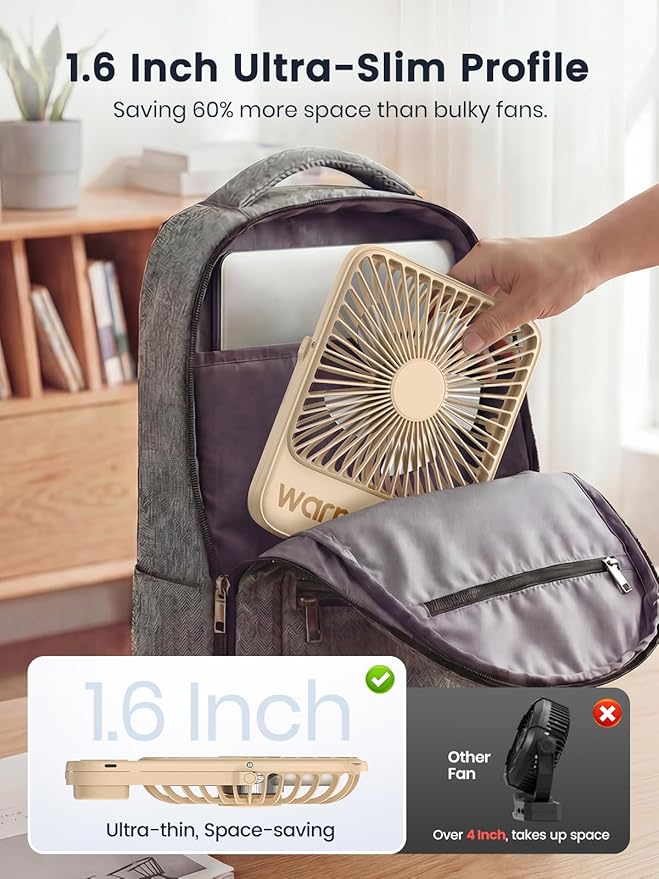 Warmco 10000mAh Portable Travel Fan 7-inch, Max 24H Runtime, Ultra-thin Quiet Rechargeable Battery Operated Desk Fan with Digital Display for Camping, Office, Bedroom, Cruise Essentials
