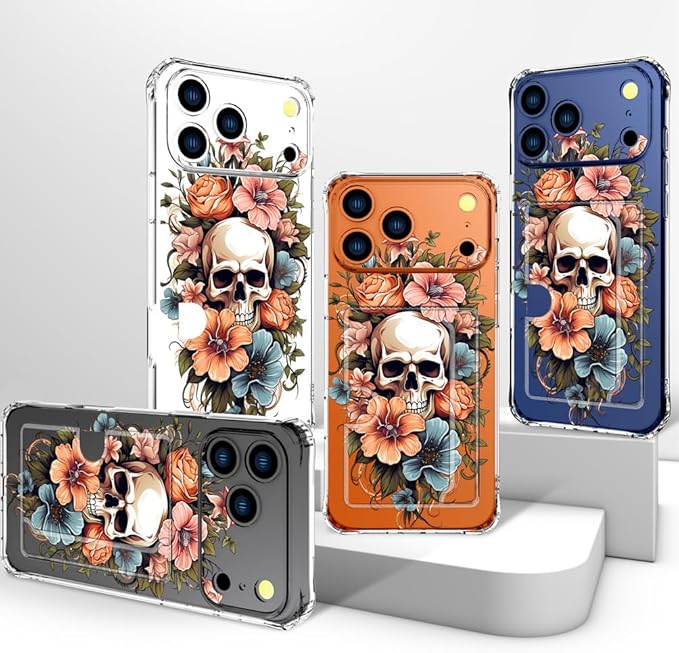 Compatible with iPhone 17 Pro Max Case Card Holder for Women Cute Design,Wallet Phone Cases Transparent Cool Kawaii Protective (Clear Skull & Flowers)