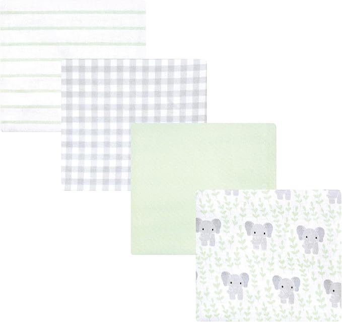 Hudson Baby Unisex Baby Cotton Flannel Receiving Blankets 4-Pack, Leafy Elephant, One Size