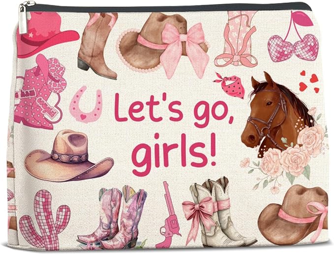 LyoGao Western Cowgirl Pink Makeup Bag, Nashville Cosmetic Bag for Country Girl Friend Daughter Sister, Let's Go Girls
