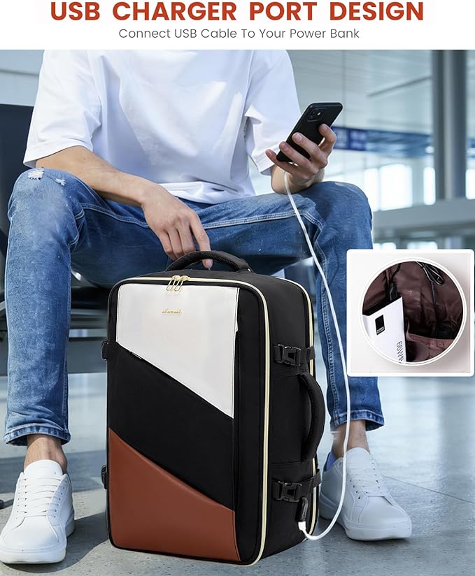 LOVEVOOK Carry on Travel Backpack, Large 40L for Men & Women Flight Approved with USB Charging Port&3 Packing Cubes, Large Suitcase Water Resistant Luggage Daypack Busi, Beige-Black