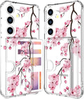 Compatible with Samsung Galaxy S24+ Plus / S25+ Plus Case Card Holder for Women Cute Design,Wallet Phone Cases Transparent Cool Kawaii Protective (Clear Sakura Peach Cherry)