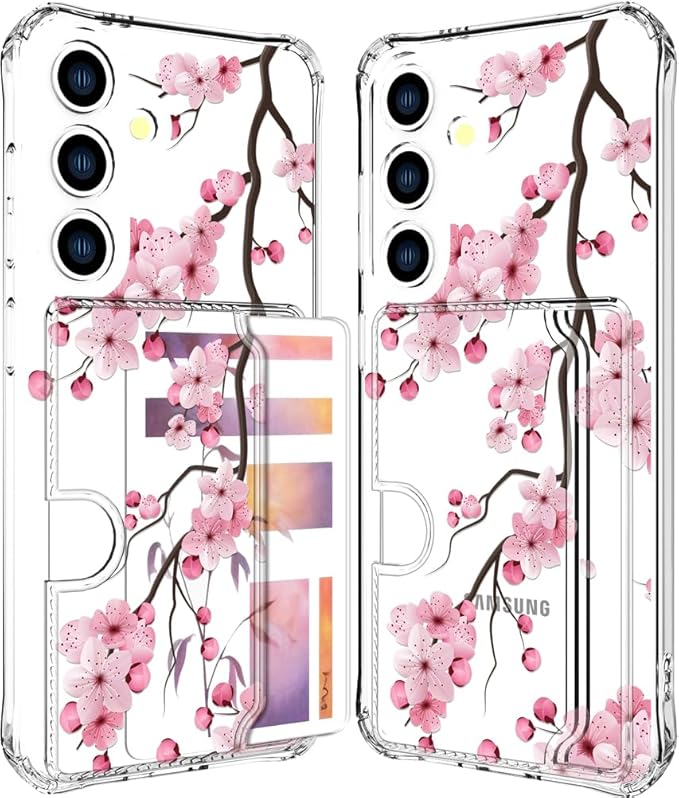 Compatible with Samsung Galaxy S24 / S25 Case Card Holder for Women Cute Design,Wallet Phone Cases Transparent Cool Kawaii Protective (Clear Sakura Peach Cherry)