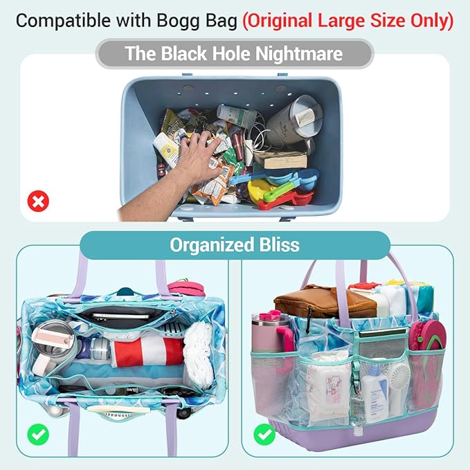 Nyton Organizer Bag Insert for Bogg Bag Inner Liner Pouch for Original Large XL Rubber Tote Zippered Organizer with Pockets for Beach Travel Sports Mom (SEA GLASS, LARGE)