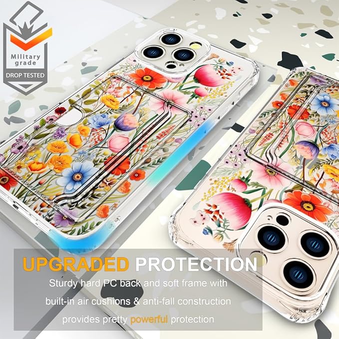 Compatible with iPhone 16 Pro Max Case Card Holder for Women Cute Design,Wallet Phone Cases Transparent Cool Kawaii Protective (Clear Flowers Lily Girly Florals)