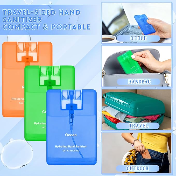 Set of 3 Power Mist Hydrating Hand Sanitizer Spray Bulk Travel Size Quick-drying Hand Sanitizer 0.67 Fl. oz Compact Card Spray Bottle Neroli Ocean Coconut Scent for Adults Summer Party Supplies