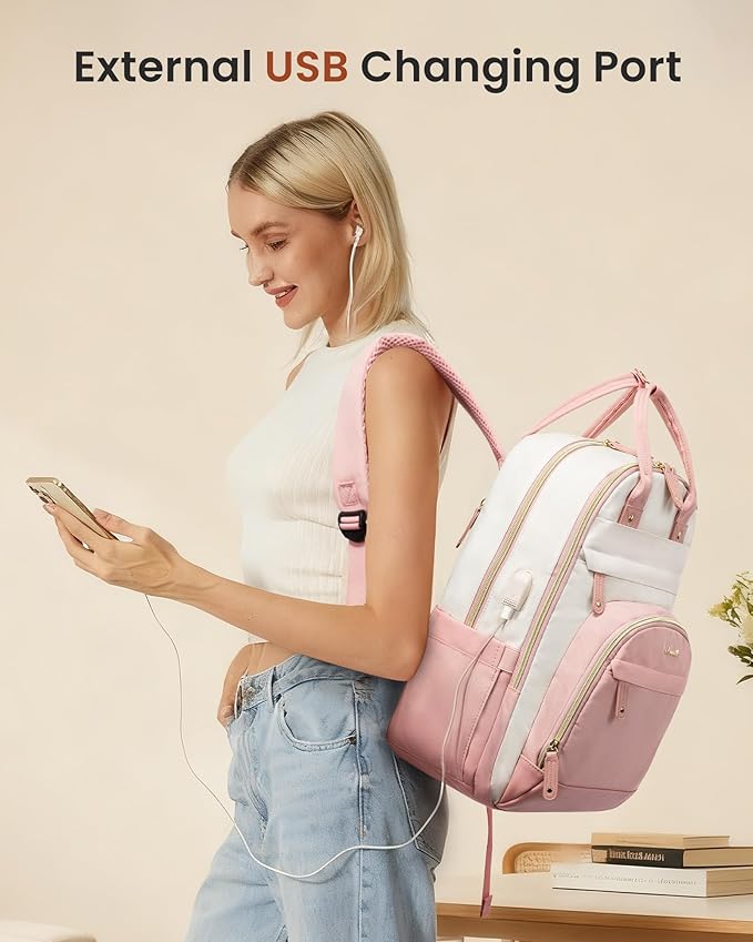 LOVEVOOK Backpack for Women,Laptop Backpack Women,Fits 17 Inch Laptop Bag,School Backpacks,Fashion Travel Work Anti-theft Bag,Waterproof Business Computer College Backpack Purse,Beige-Pink-Pink