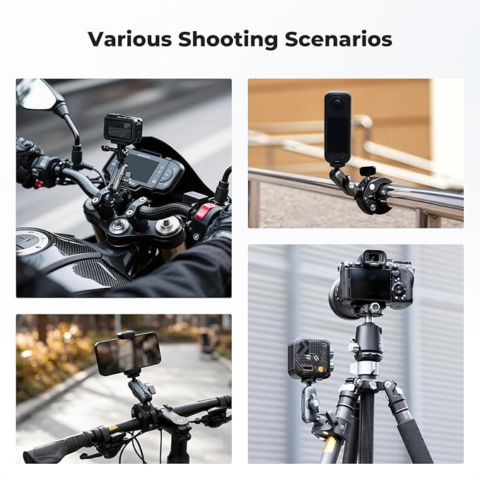 K&F CONCEPT Super Clamp Camera Mount with 360° Dual Ball Head, Bike/Motorcycle Handlebar Mount Compatible with DJI Action 6/5/4/3, Hero 13/12/11/10, 360 X5 X4