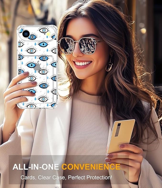 Compatible with iPhone 17 Air Case Card Holder for Women Cute Design,Wallet Phone Cases Transparent Cool Kawaii Protective (Clear Blue Evil Eyes)