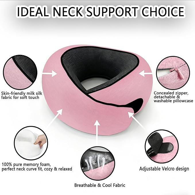 Travel Neck Pillow- 360° Ergonomic Memory Foam Travel Neck Pillow Airplane,Premium Breathable Relief Neck Pain for Long Flights,Car & Office（Pink