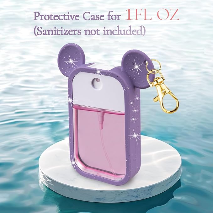 TERPINK 2 Pack Silicone Case Compatible with Touchland Hand Sanitizer Spray 1 fl oz, Mouse Design Protective Case with Keychain, Hand Sanitizer Spray Accessory (Glitter Sequin White+Purple)