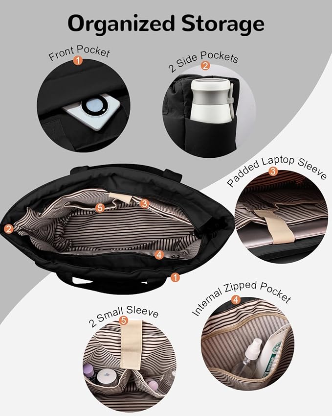 Expandable Puffer Tote Bag with Zipper for Women, Lightweight 15.6 Inch Laptop Work Tote Bag, Large Travel Tote Bags | Luggage strap, Lightweight, For 15.6 inch Laptop, Expandable, Multi-Compartments