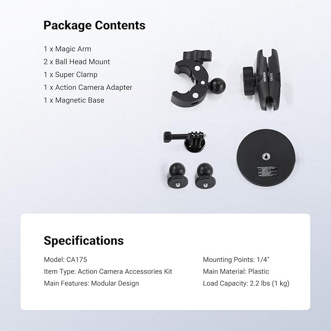 NEEWER Motorcycle Bicycle Handlebar Clamp Holder Magnetic Car Mount Accessories Kit Compatible with Insta360 X5 X4 X3 GoPro DJI AKASO Action Cameras, 360° Ball Heads for POV Video Recording, CA175