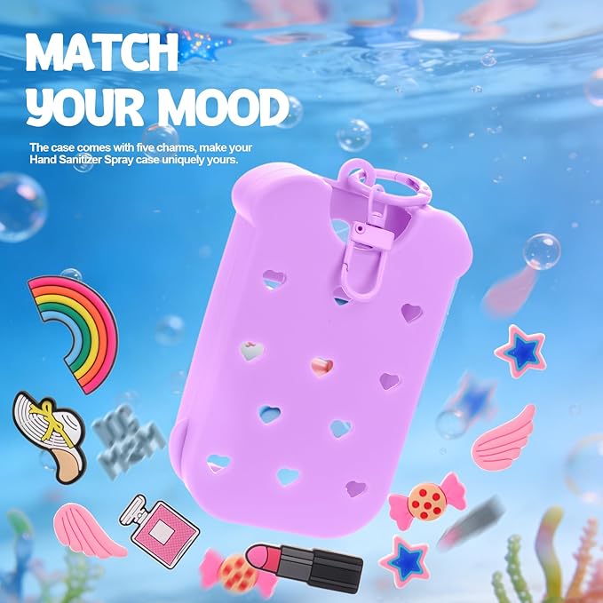 Mity rain Hand Sanitizer Spray Case Compatible With Touchland, Cute Silicone Hand Sanitizer Holder Keychain with 4 Charms, Portable Refillable Sanitizer Accessory, Gift for Women And Teens