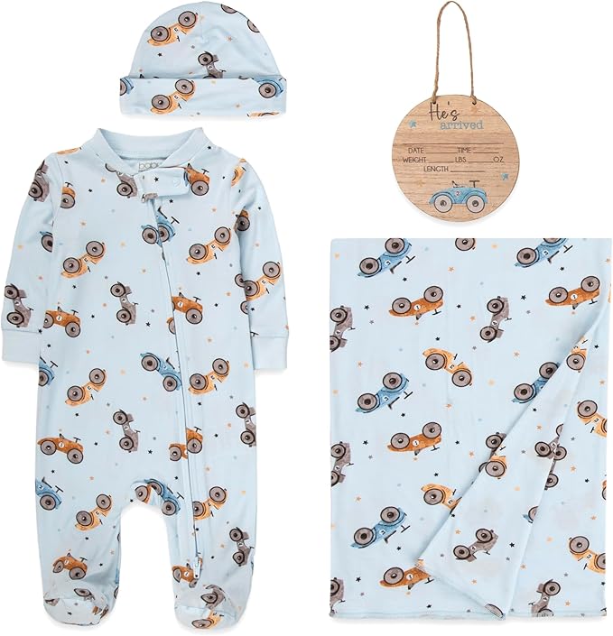 Newborn Baby 4 Piece Coming Home Outfit Gift Set – Footie Sleeper, Blanket, Headband & Ornament for Boys & Girls