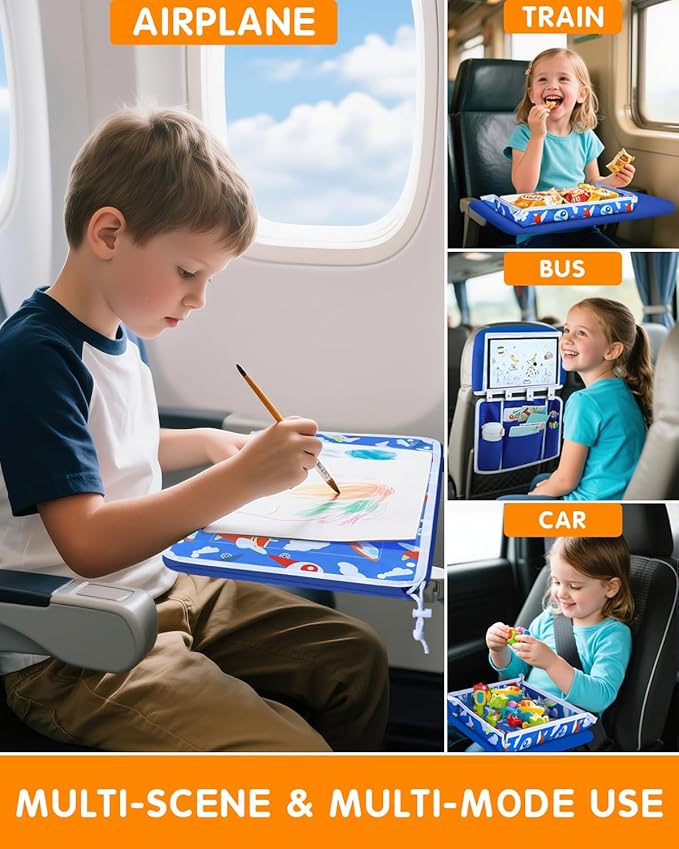 Adjustable Kids Airplane Tray Cover with Pocket Organizer, Snack & Toy Pockets, Toddler Airplane Travel Essentials, Travel Tray for Plane Train, Clear Touch Tablet Pocket, Carrying Strap, Plane Print