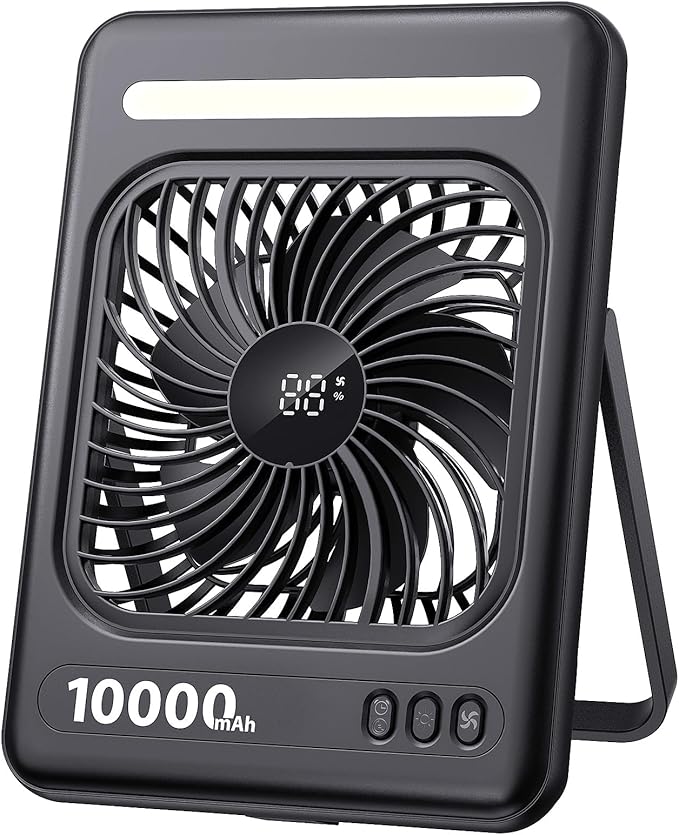 10000mAh Portable Travel Fan, 5 Speeds Strong Wind Cruise Fan with LED Lantern, 24H Runtime Cordless Personal USB Fan, 2/4/6/8H Timer, Ultra-thin Quiet Desk Fan for Camping, Office, Bedroom, Beach