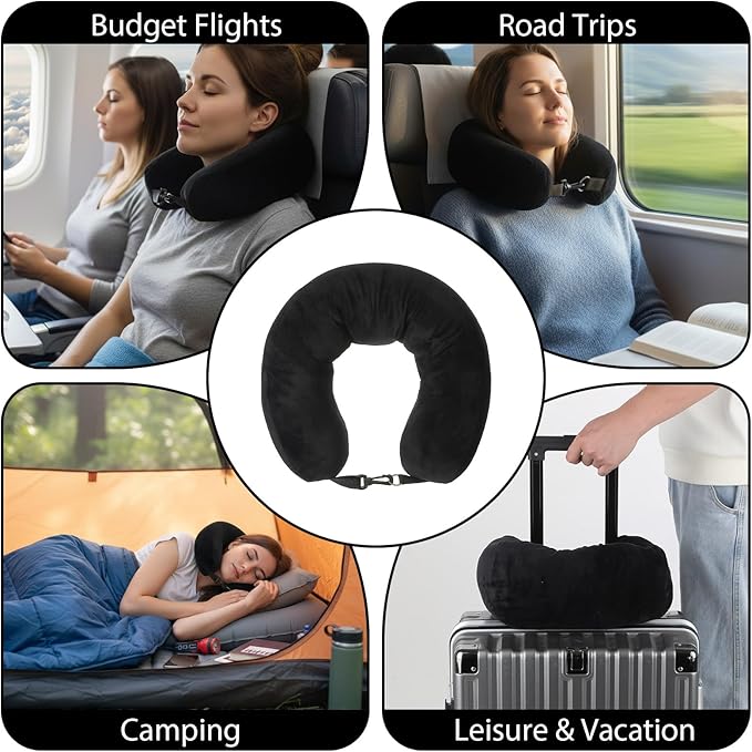 Stuffable Neck Pillow for Travel Adjustable Stuffable Neck Pillow for Airplanes Pillows Stuffed with Clothes Storage No Filler Storage Pillows Fits 5+ Days of Travel Essentials Black