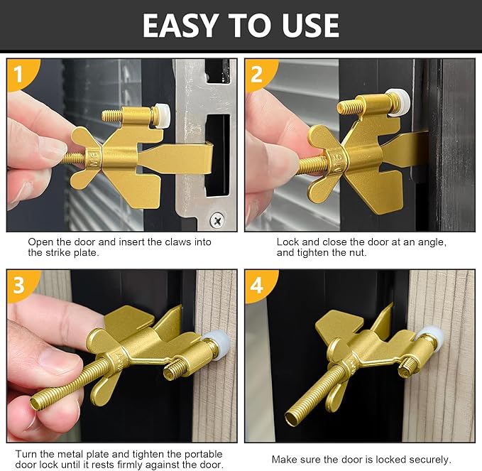 AceMining Upgraded Portable Door Lock Home Security Door Locker Privacy Perfect for Traveling Hotel Home Apartment College and Travel Lockdown Locks for Additional Safety, Golden