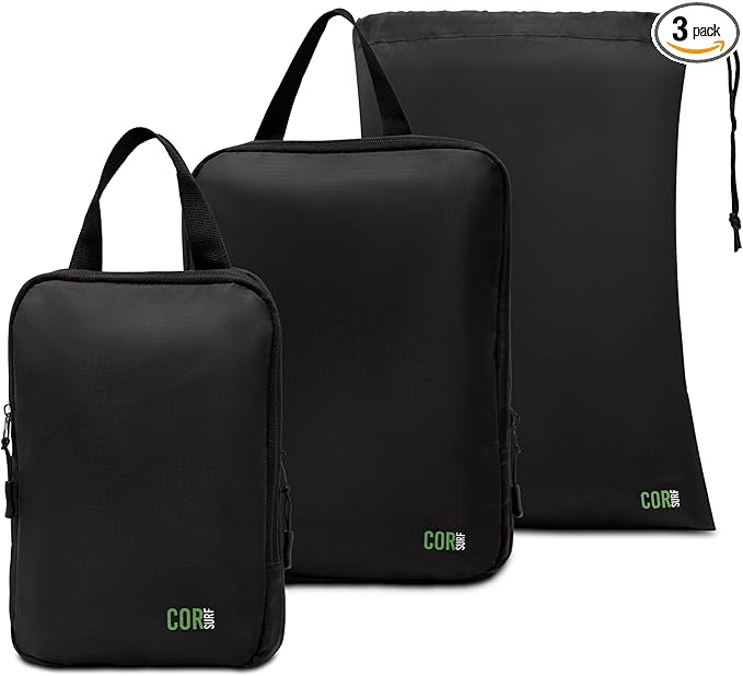 Compression Packing Cubes Travel Organizers plus Laundry or Shoe Bag with YKK Zippers (Black, 3 Piece)