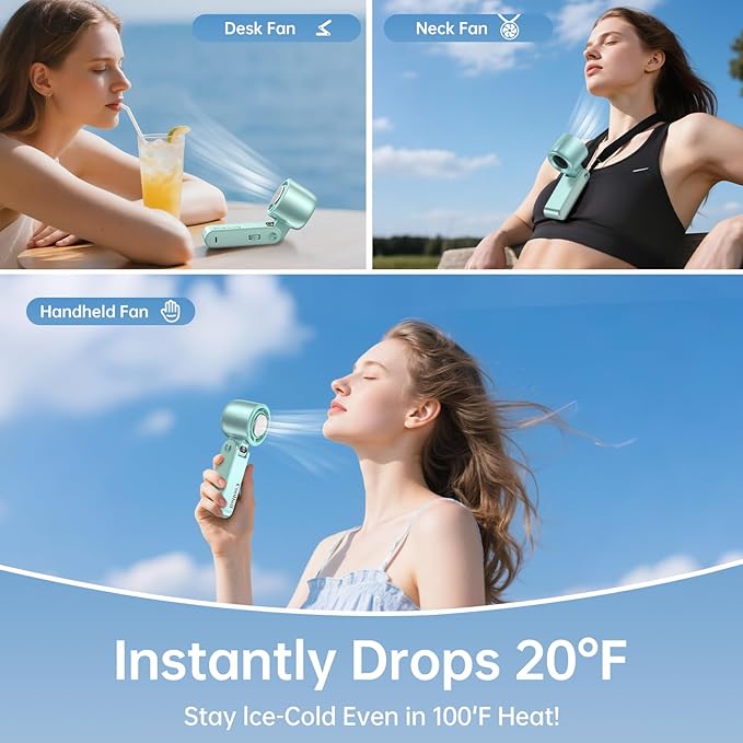 Handheld Portable Fan with Ice Cooler: 199-Speed 5500mAh Rechargeable Handheld Fan, 12H Time Hand Cooling Personal Fans with 20000 RPM Air Turbo Tech for Travel Outdoor (Green)