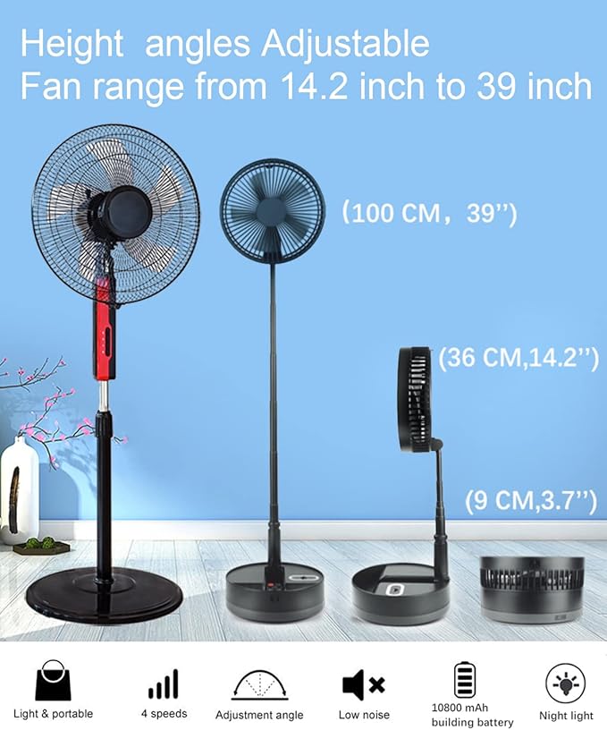 UN UNITEDTIME Foldable Fan Foldaway Oscillating with Remote Control, 10800mAh Battery Operated Fans, Portable for Outdoor, Courtyard, Beach,Travel, Room,4 Speeds, with Timer night light (Black)