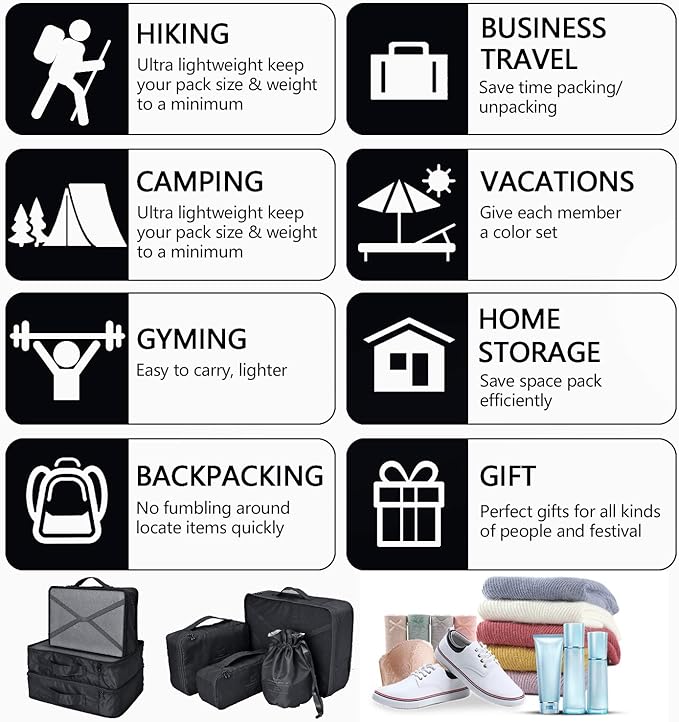 Packing Cubes 8 Sets/7 Colors Travel Luggage Organizers Include Waterproof Shoe Storage Bag Convenient Packing Pouches for Traveller (Black)