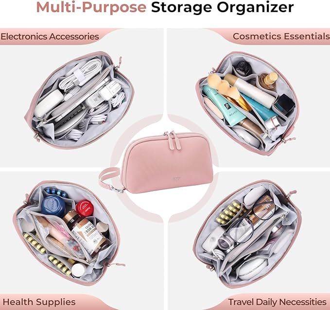 FYY Travel Cable Organizer - 8 Compartments Lightweight Water Resistant Tech Pouch with Wrist Strap, Portable Electronic Accessories Case for Cord Charger Storage for Travel Home Office, Pink (Large)