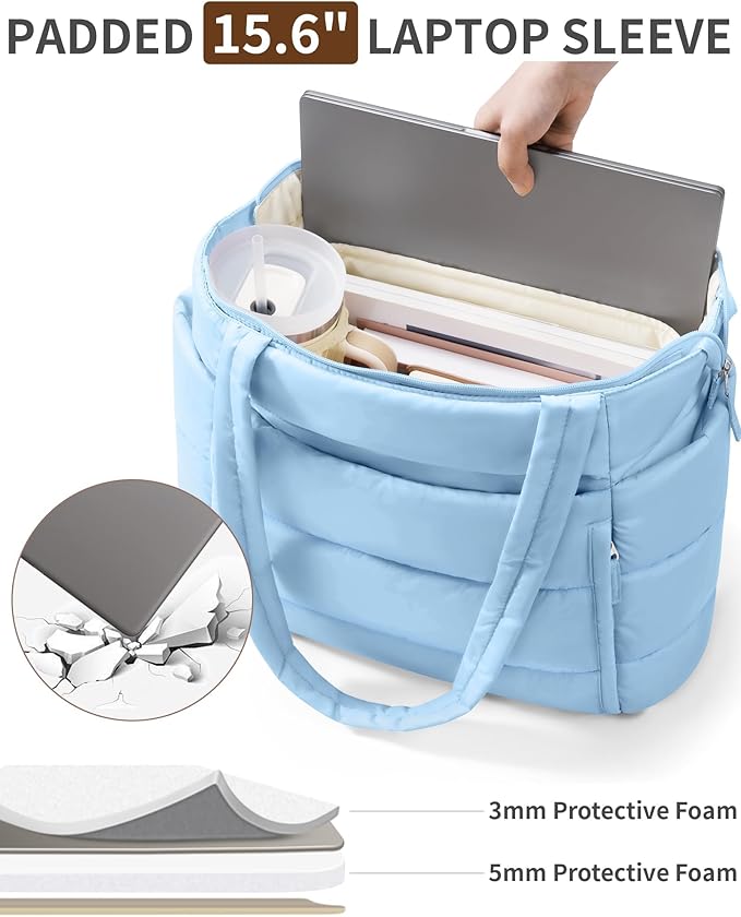 Bagstellar Puffer Tote Bag for Women, Lightweight Puffy Work Handbag Teacher Nurse Quilted Shoulder Bag for School Travel Gym | Cloud Bag w/ Zipper, Daily College Bags, 15.6" Computer Bag, Clinical Nursing Bag, 40 OZ Tumbler Holder, Ideal Gift for Women
