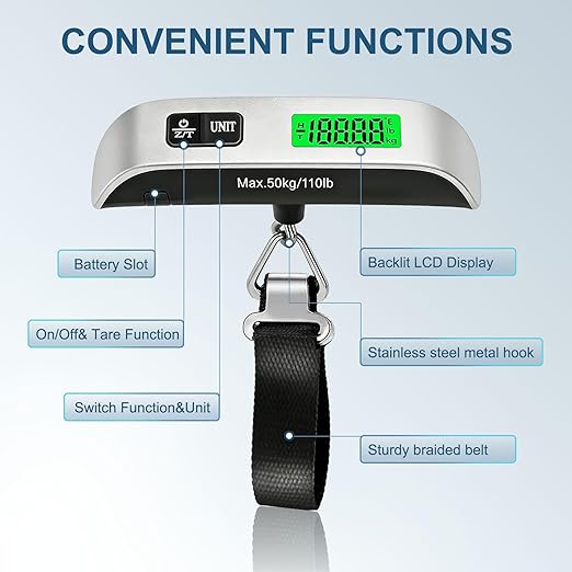 Digital Luggage Scale, 110lb Suitcase Weight Scale for Travel with Backlit LCD Display, 4-Unit Switching, Portable Hanging Baggage Scale for Luggage, Backpacks, Packages (Battery Included)