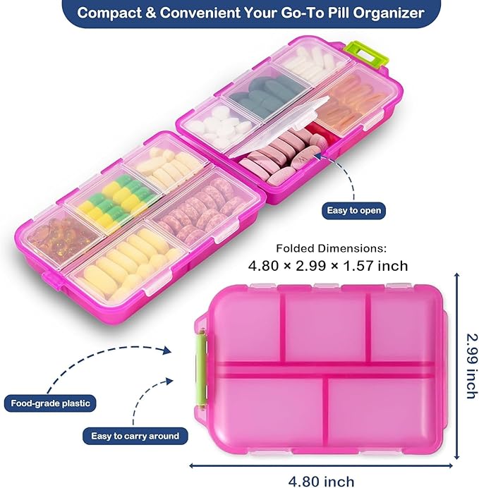 2026 New Extra Large Pill Box with Medicine Labels Travel Essentials Daily Med Container Mini Medication Organizer Storage Organizer Case 7 Day Pill Organizer(Pink+White+Grey)