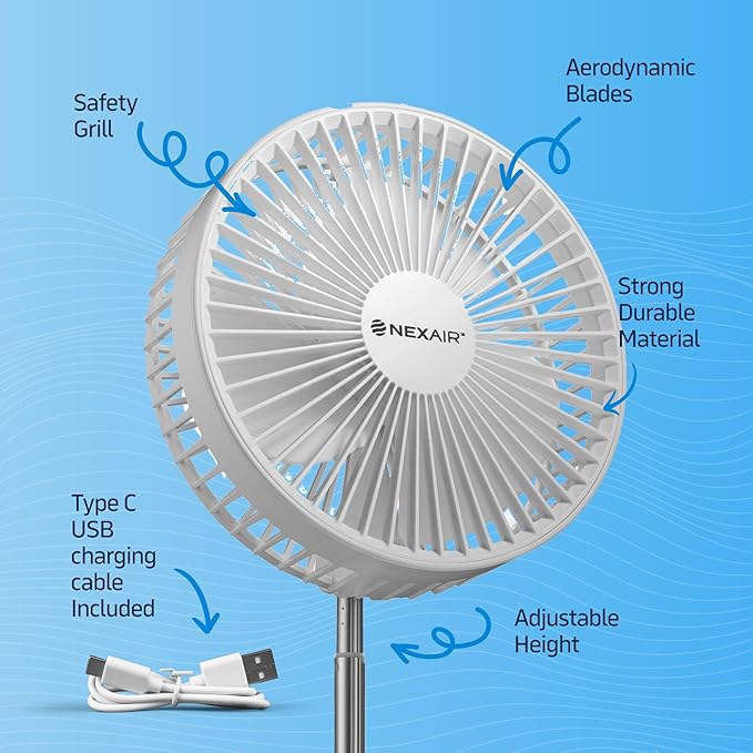 NEXAIR Premium 8" Foldable 4 Speed Portable Fan with Adjustable Height 14” – 39.5 in, Rechargeable Folding Fan For Home And Office, Quiet Floor Fan For Bedroom, Battery Operated Fan For Travel