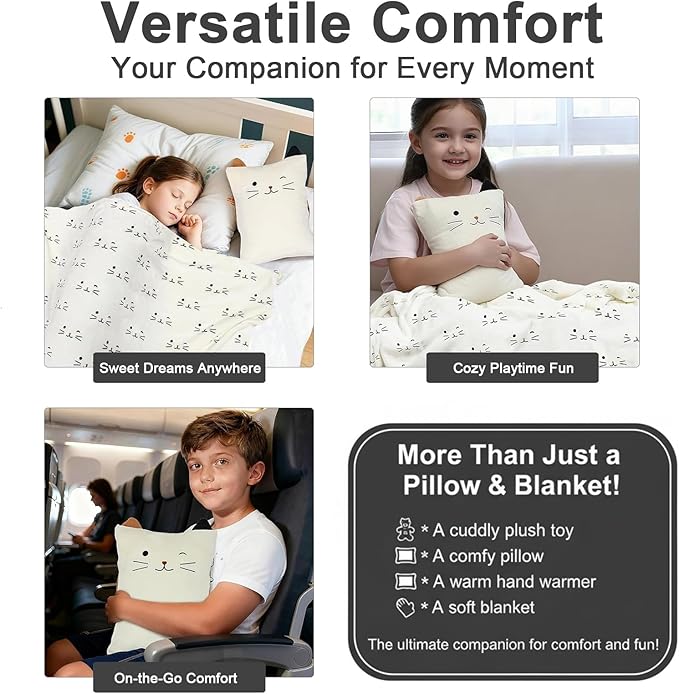 3-in-1 Cat Travel Blanket and Pillow Set for Kids, Soft Snuggle Pillow with Hand Warmer, 40x60 Inch Cute Cat Blanket, Compact for Travel, Camping, Home and Office