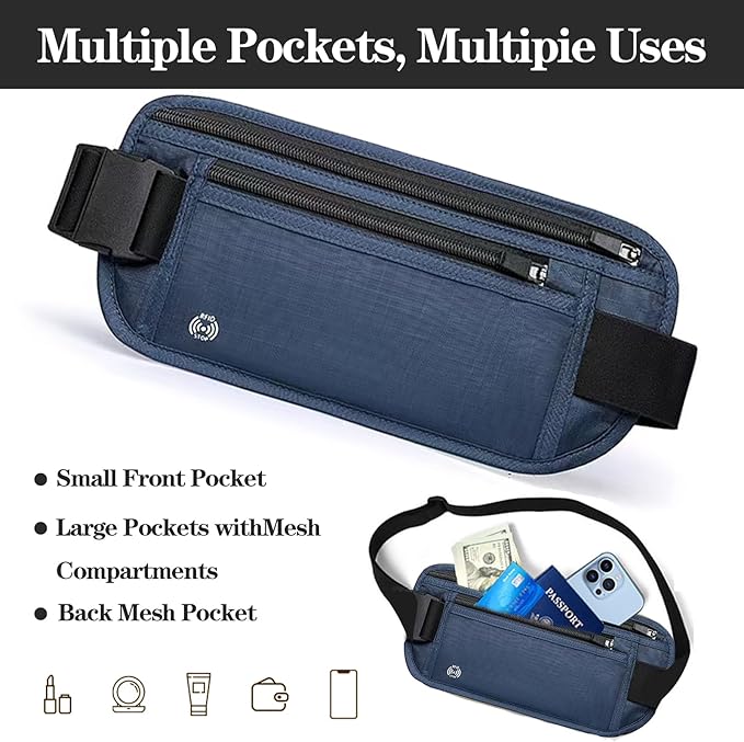 Blue Hidden Money Belt for Travel for Men, Waist Wallet Anti Theft, RFID Passport Holder For Travel Men Or Women, Money Pouch, RFID Passport Holder