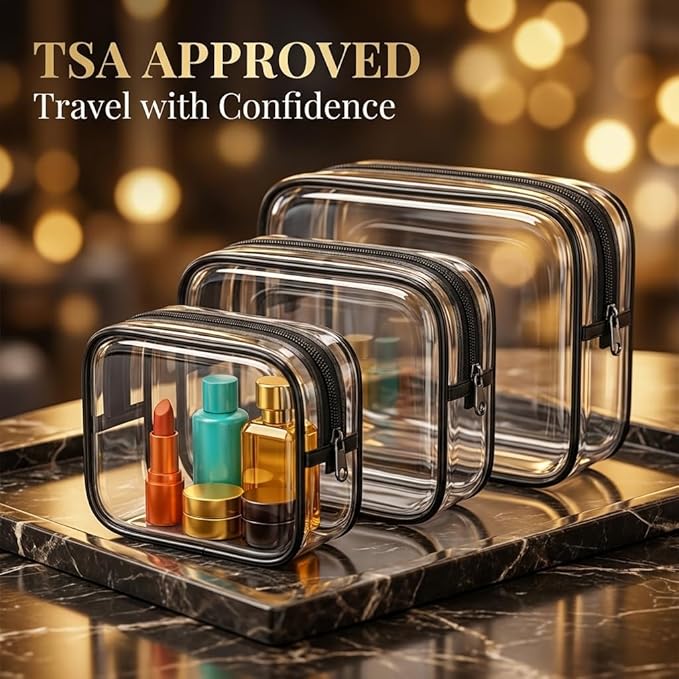 3 PCS Clear Travel Toiletries Bag, CAA Approved Waterproof Toiletry Bags, Clear Makeup Bags PVC Cosmetic Bag, Travel Essentials