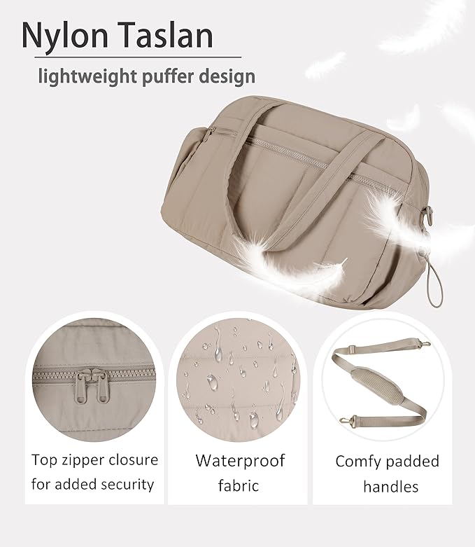 Lightweight Travel Duffle Bag for Women, Quilted Puffy Weekender with Wet Pocket for Gym, Overnight, Personal Item Carry On, Camel
