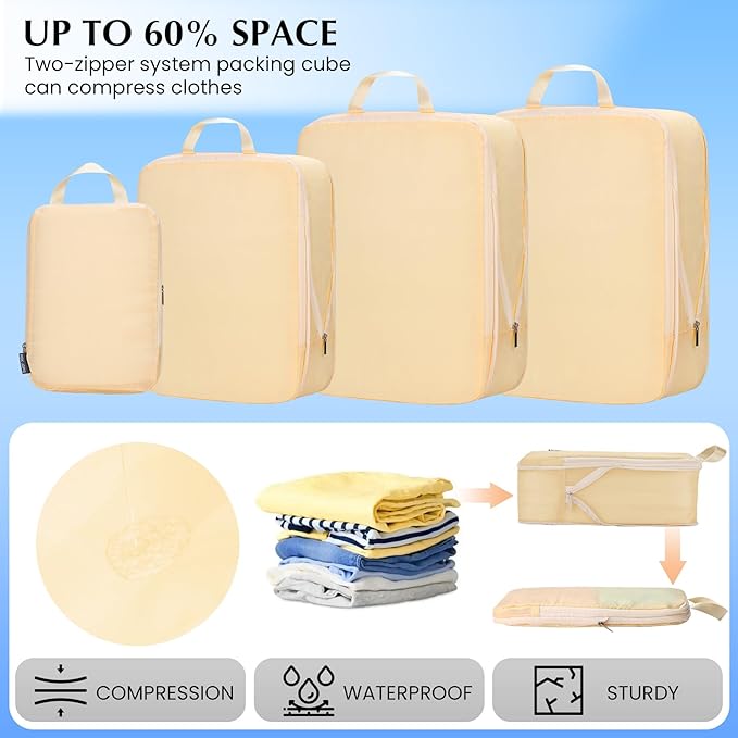 Carry on Compression Packing Cubes Travel for Suitcases ，Compressible Packing Cubes for Travel Women Packing Organizers 4 Set Ultralight (Beige)