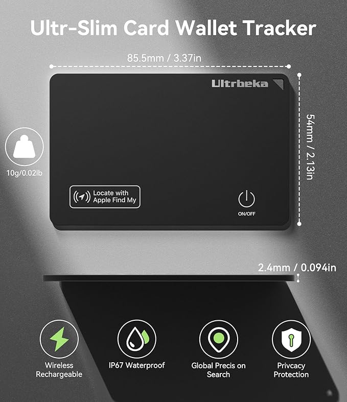 Ultrbeka Rechargeable Ultra-Thin Wallet Tracker Card 0.094in IP68 Waterproof Bluetooth Tracker for Wallets, Passport, Work with Apple Find My, iOS Only [Apple MFi Certified]- 3pcs