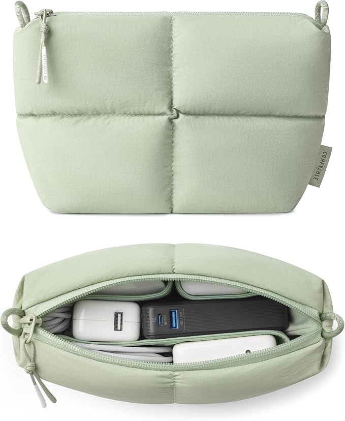 Comfyable Puffy Electronics Organizer Travel Case, Cute Tech Pouch for Women Men, Cable Storage Bag for Charger, Phone, Power Bank, Cord, Compact Tech Accessories Pouch, Sage