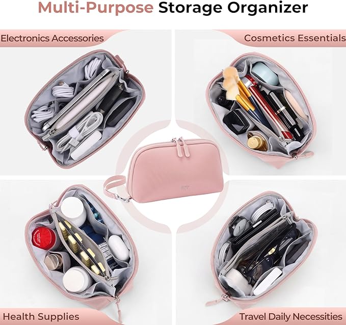 FYY Travel Cable Organizer - 8 Compartments Lightweight Water Resistant Tech Pouch with Wrist Strap, Portable Electronic Accessories Case for Cord Charger Storage for Travel Home Office, Pink (Small)