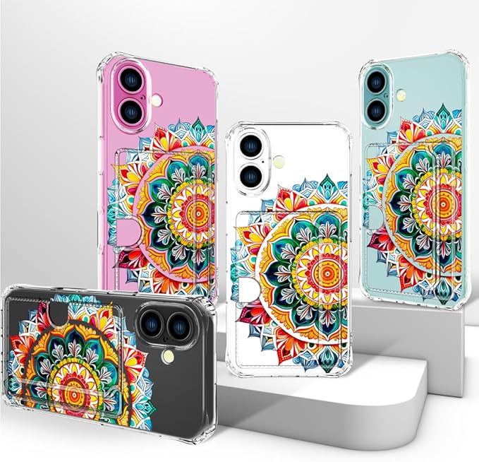 Compatible with iPhone 16 Case Card Holder for Women Cute Design,Wallet Phone Cases Transparent Cool Kawaii Protective (Clear Mandala Henna Flower)