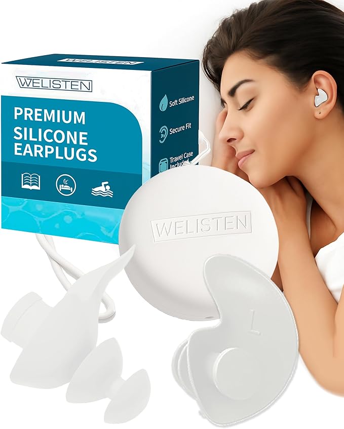 Earplugs for Sleeping Noise Cancelling, Reusable & Washable Ear Plugs, Super Soft Silicone Ear Plug, Noise Reduction Ear Plugs with Custom Case for Sleeping, Swimming, Snoring, Concerts, Work - White