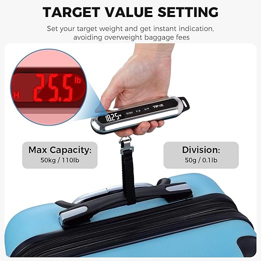 TIPRE Travel Luggage Scale 110lb Digital Suitcase Scale Portable Weight Scale Handheld Baggage Scale High Precision Stainless Steel Luggage Scale Carry-on Weight Scale Lightweight Travel Tool