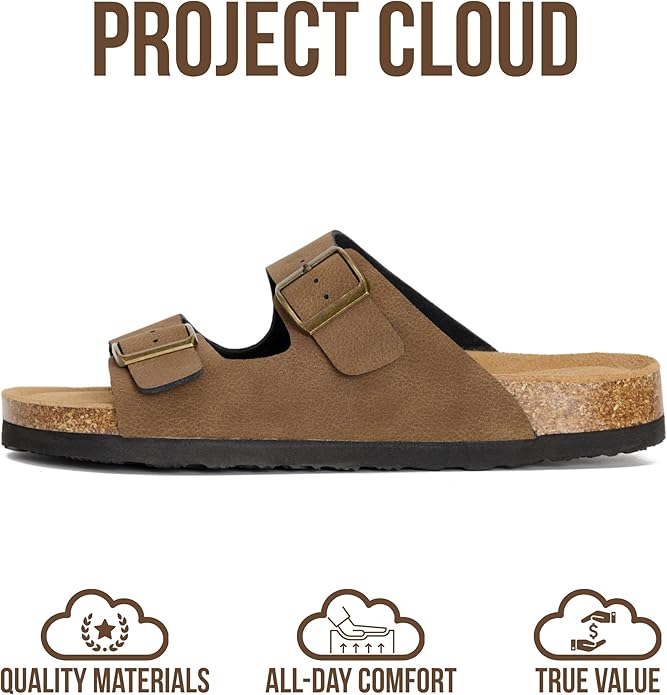 Project Cloud 100% Genuine Leather Flat Sandals For Women 2026 Cork Footbed Womens Sandals with Memory Foam and arch support Vacation Essentials Slides for Women Footwear (Venita)