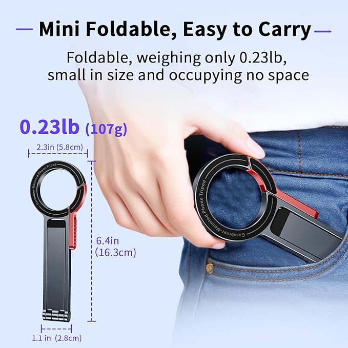 for MagSafe Magnetic Phone Tripod Stand for iPhone & Android Phone, Portable Mini Pocket Tripod Holder, Foldable Aluminum Small Holder with Carabiner Clip for iPhone 16/15/14/13 /12 Series, Black