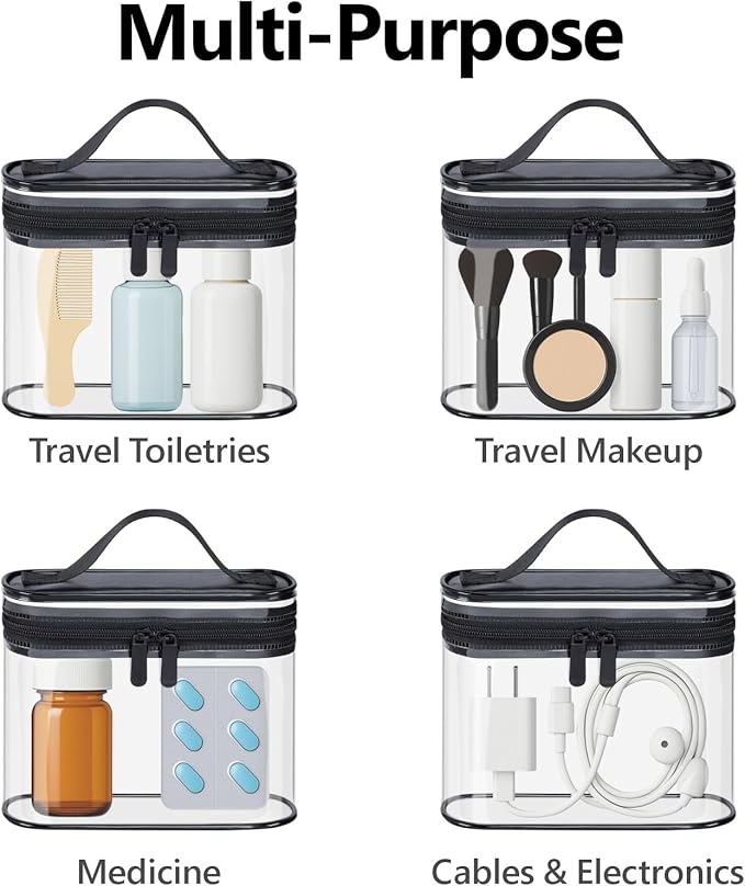 PACKISM TSA Approved Toiletry Bag 2 Pack - Quart Size Clear Makeup Bag with Handle & Dual Metal Zippers, Large Opening 3-1-1 Airline Compliant Security Travel Organizer for Carry On Liquids, Black