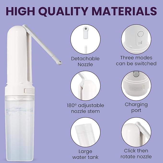 Portable Bidet for Travel – USB-C 800mAh Rechargeable Battery Travel Bidet, IPX7 Waterproof, 3 Adjustable Pressure Modes (Soft to Strong) for Postpartum Care