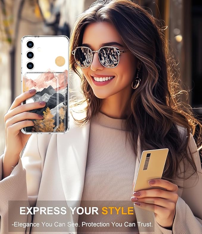 Compatible with Samsung Galaxy S24 / S25 Case Card Holder for Women Cute Design,Wallet Phone Cases Transparent Cool Kawaii Protective (Clear Mountain Hill Landscape)