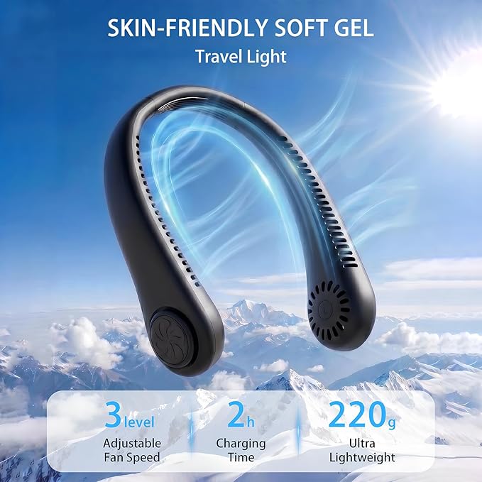Hands-Free Neck Fan, Personal Portable Fan 3 Speeds, Bladeless Display, Stereo Airflow Personal Cooling Fan for Outdoor, Sports, Travel, Office, Makeup (Black)
