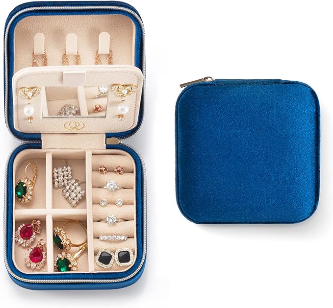 ZPROW Plush Velvet Travel Jewelry Case, Travel Jewelry Organizer, Jewelry Travel Case, Travel Jewelry Box, Small Jewelry Case for Women, Jewelry Travel Box, Earring Organizer with Mirror - Navy Blue